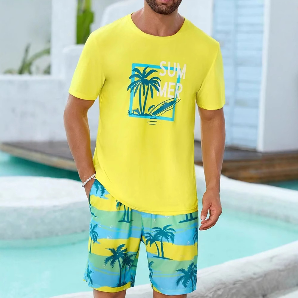 度假男士2024夏季新款短袖短裤 海边休闲3D小椰树印花沙滩套装