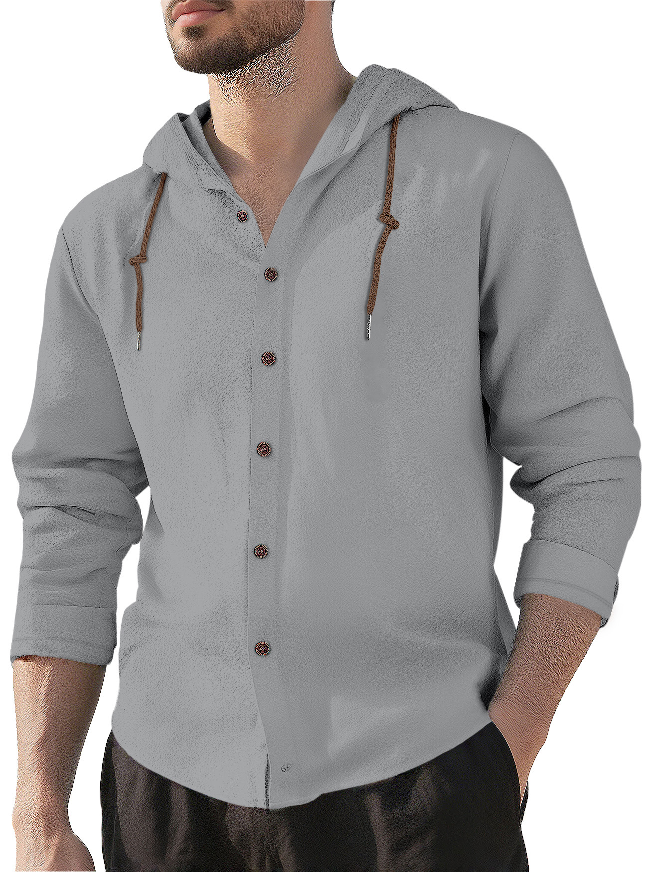 Transfronterizos de hombres Amazon encapuchado Camiseta de algodón camiseta de color sólido suelta de manga larga Cardigan casual chaqueta de playa