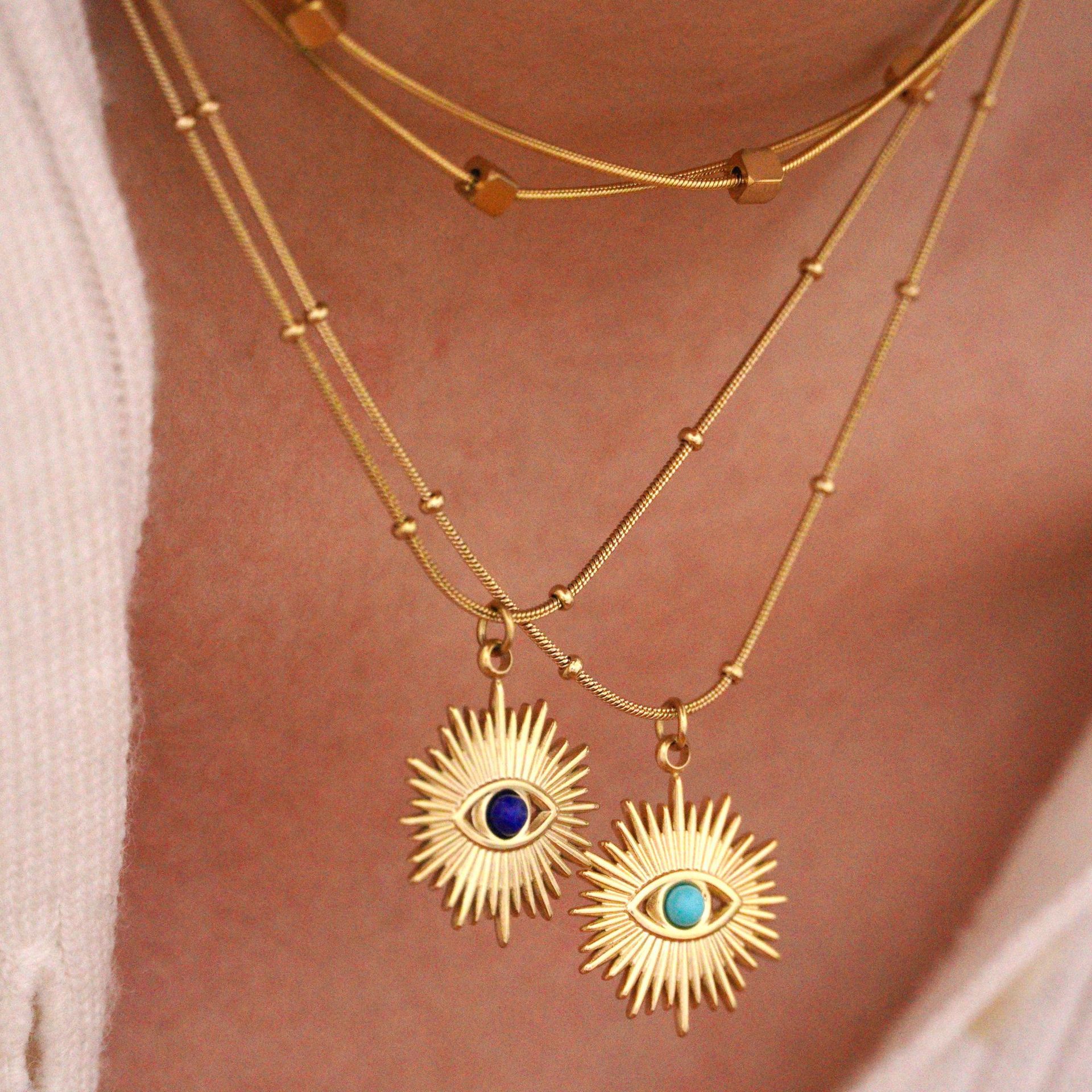 12g Weight Vacuum Plating Gold Plating Process Titanium Steel 14K Gold Plated Elegant Classical Lady Plating Inlay Geometric Devil's Eye Natural Stone Pendant Necklace
