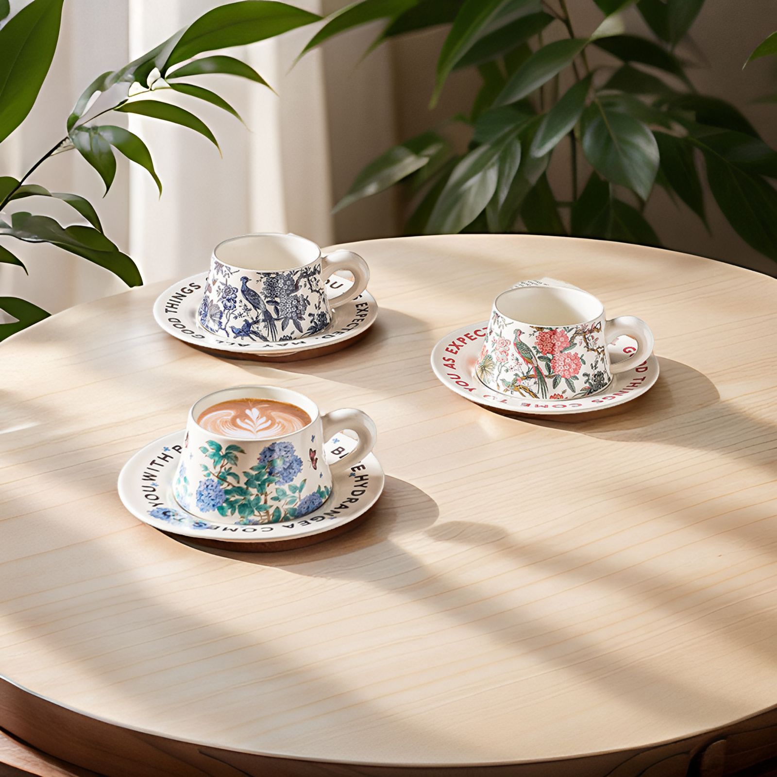 Diseñador original de alta gama retro de flores y pájaros, Qingluan, flores, tazas y platos, tazas de café, platos, tazas de desayuno, cerámica