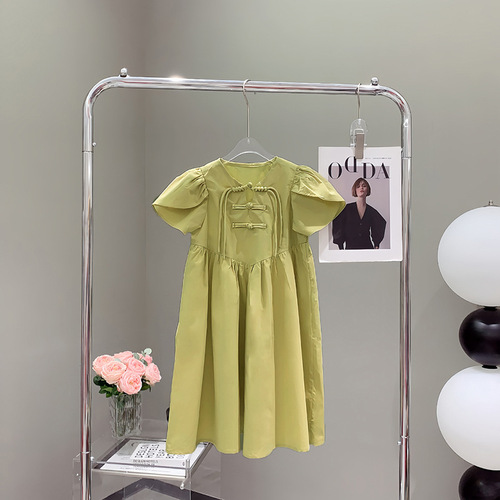 Girls' Summer Short-Sleeve Dress in Traditional Chinese Style, Solid Color, Suitable for Middle and Large Children, Elegant and Fashionable, Chic and Charming, Princess Dress