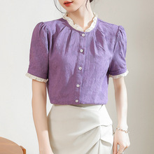 法式木耳边短袖圆领衬衫女2024夏季新款通勤风肌理感紫色衬衣上衣