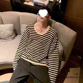 圆领条纹毛衣男秋季新款复古宽松撞色镂空长袖针织衫薄款男士上衣