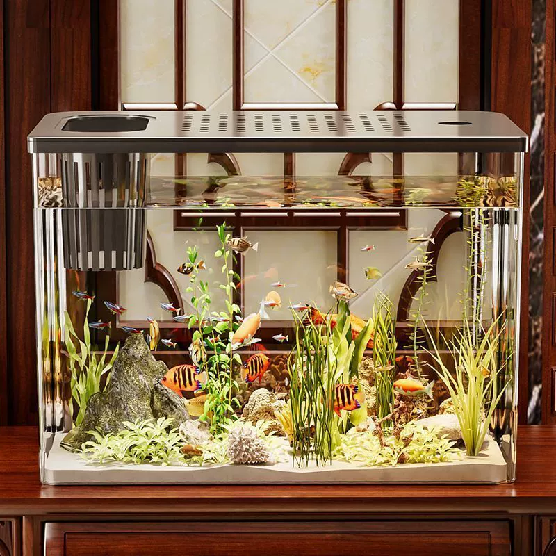 Экологический аквариум для рыбок, пластиковый золотой с крышкой, ультрапрозрачный, роскошный ландшафтный дизайн для гостиной, устойчивый к падению и устойчивый к падению настольный резервуар