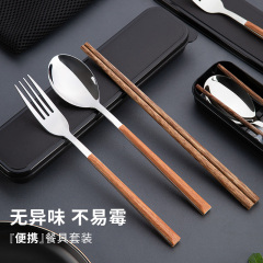 卸売り携帯食器学生屋外サラリーマン飯木柄箸スプーンフォークセットステンレス三点セット