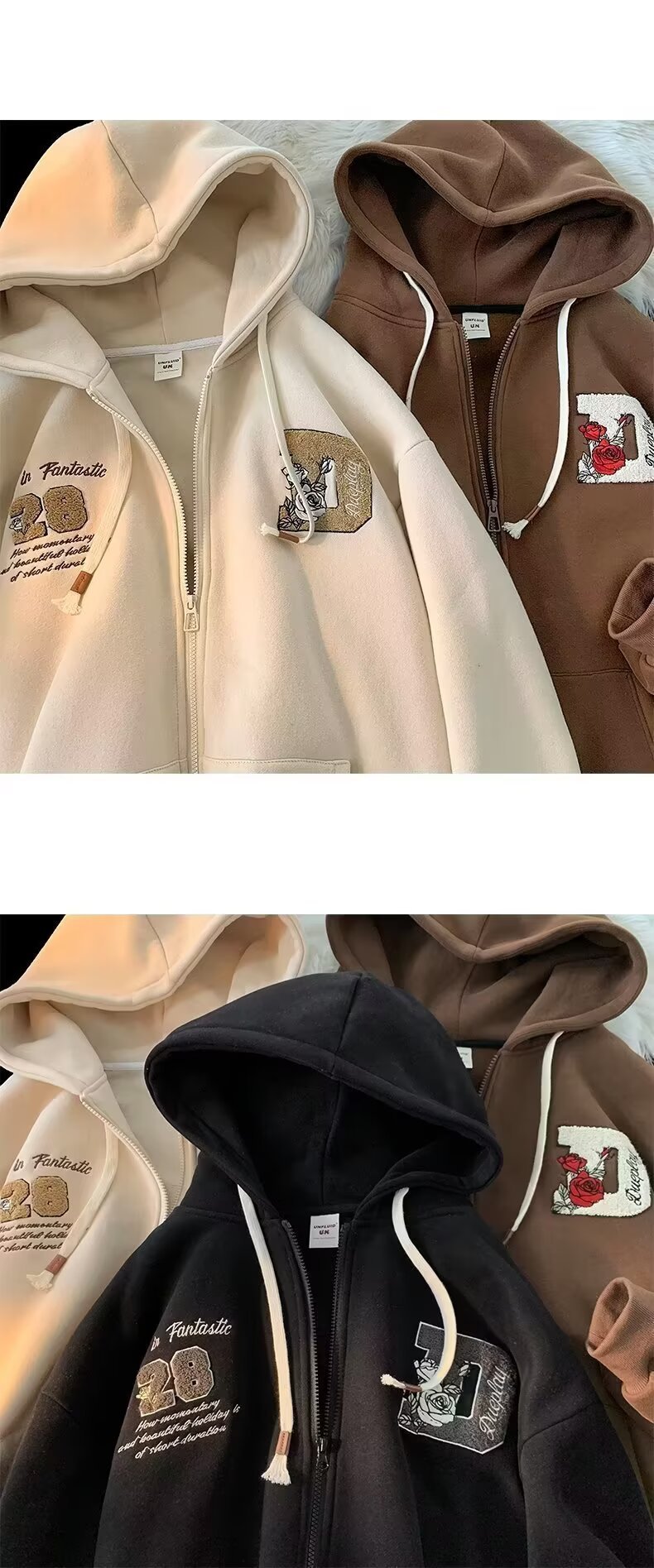 Felpa con cappuccio e cerniera retrò – Felpa unisex oversize con grafica anime (beige/marrone/nero, S-3XL)_voghion.com