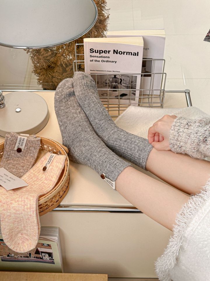 5shuang Button Wool Stockings Children's Medium Tube Socks Solid Color Thickened Warm Versatile Japanese Stacking Socks_voghion.com