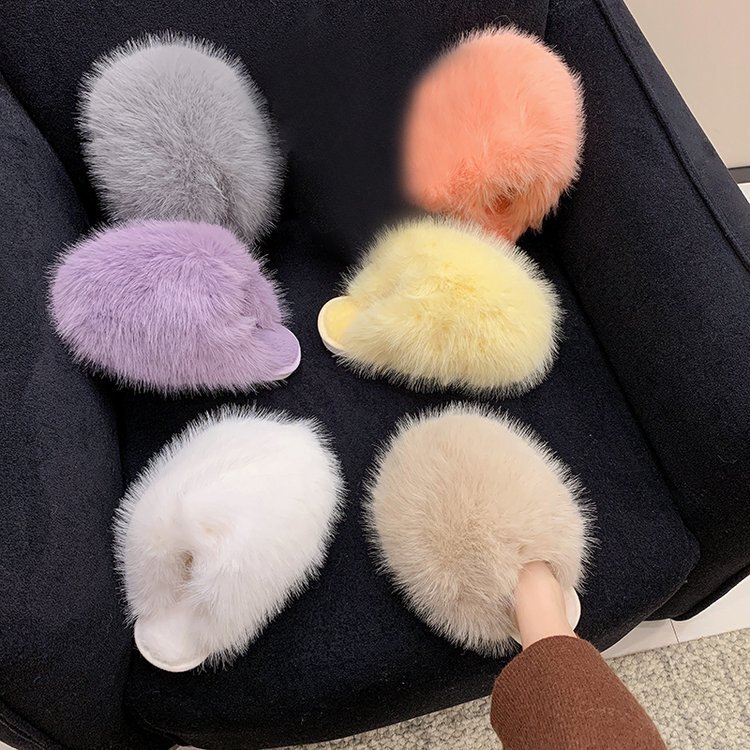 Cross-Border Amazon Large Size Fluffy Plush Slippers Candy-Colored Soft-Soled Winter Closed-Toe Home Warm Cotton Slippers
