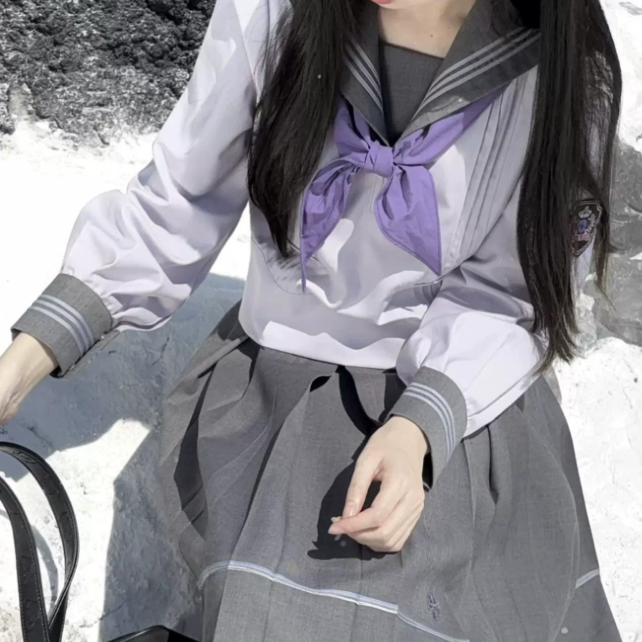 Японский jk униформа юбка серо-фиолетовый матрук топ с длинными рукавами