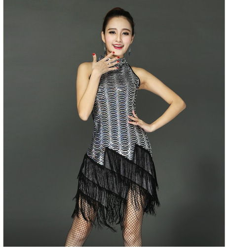 A women's adult spring summer performance costume for Latin dance, featuring a chiffon Latin dance dress with fringes and a one-piece design.