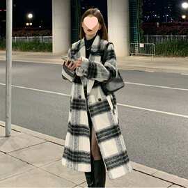 2025秋冬新款韩系气质格子毛呢外套中长款高级感呢子大衣女小个子