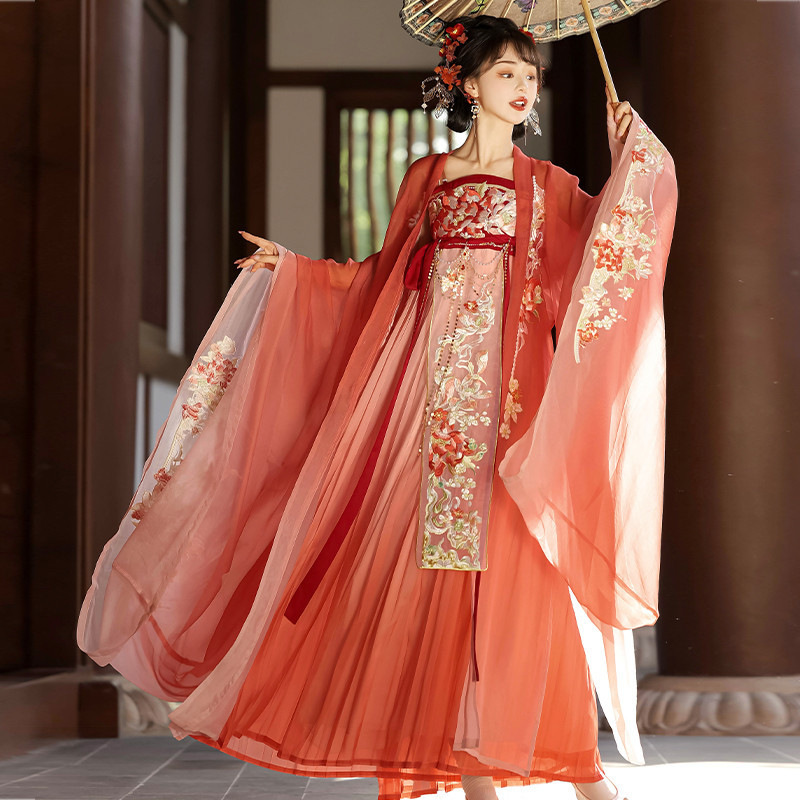 Tang-style Hezi skirt Hanfu women's full set, intricately embroidered large-sleeve shirt, gradient fairy-like chest-high ancient style for photoshoots in spring and summer