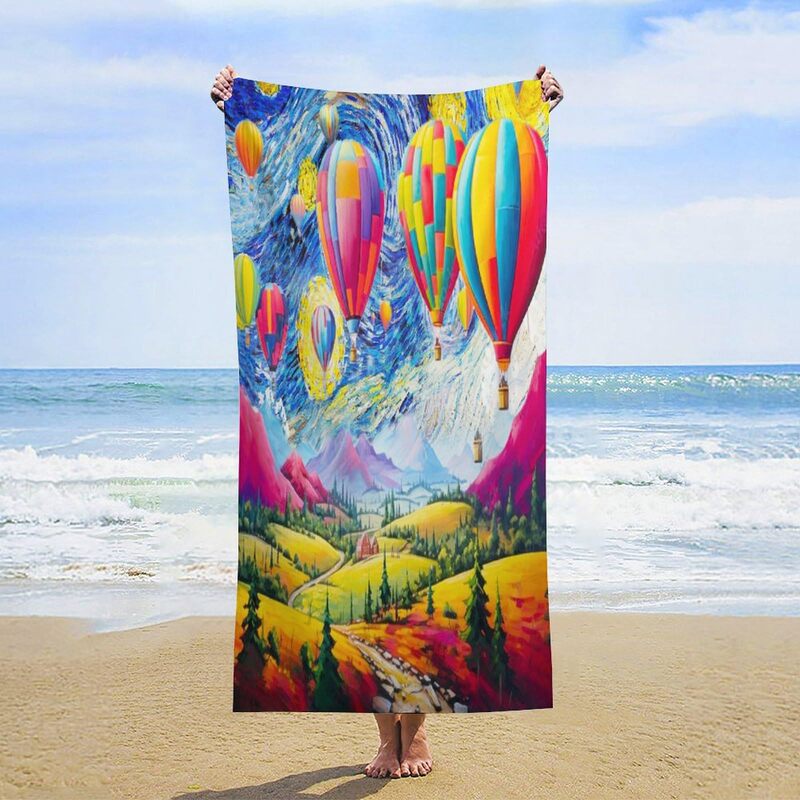 Country Farmhouse Hot Air Balloon Oversized Beach Swimming Towel Watercolor Wild Lavender Flower Flying Hot Air Balloon Beach