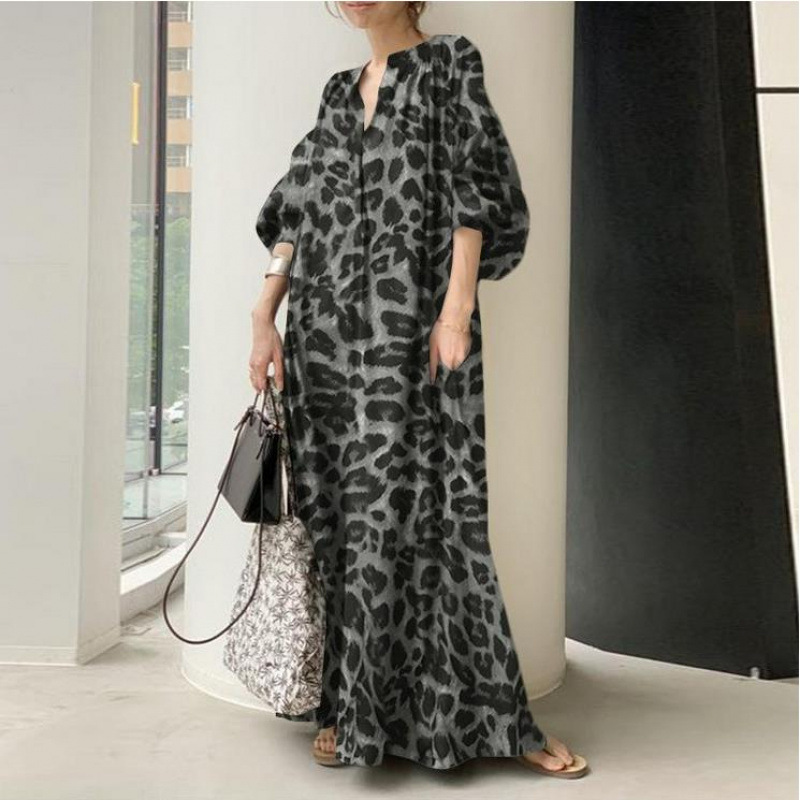 Women's Puff Sleeve Export Plus-Size Floor-Length Dress with Shirt Collar, Japanese-Style Loose Bohemian Long Dress