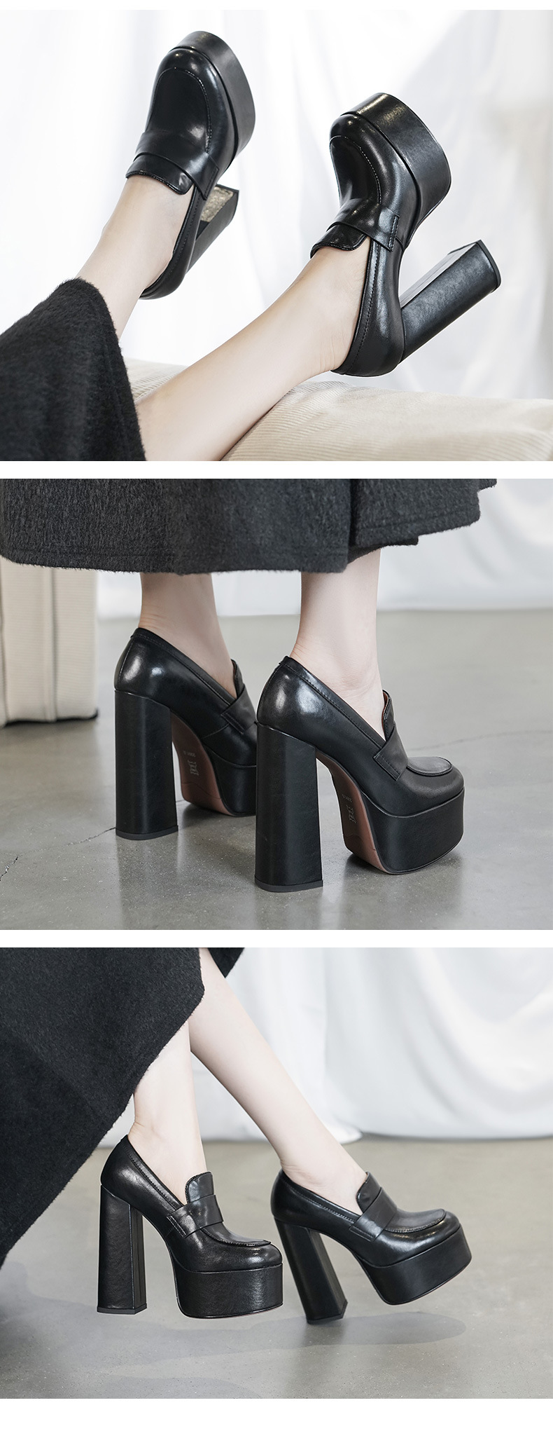 Giày cao gót nữ đế xuồng platform gót vuông 14cm, phong cách trình diễn, đế dày không mỏi chân — màu đen, màu trắng ngà chi tiết 4