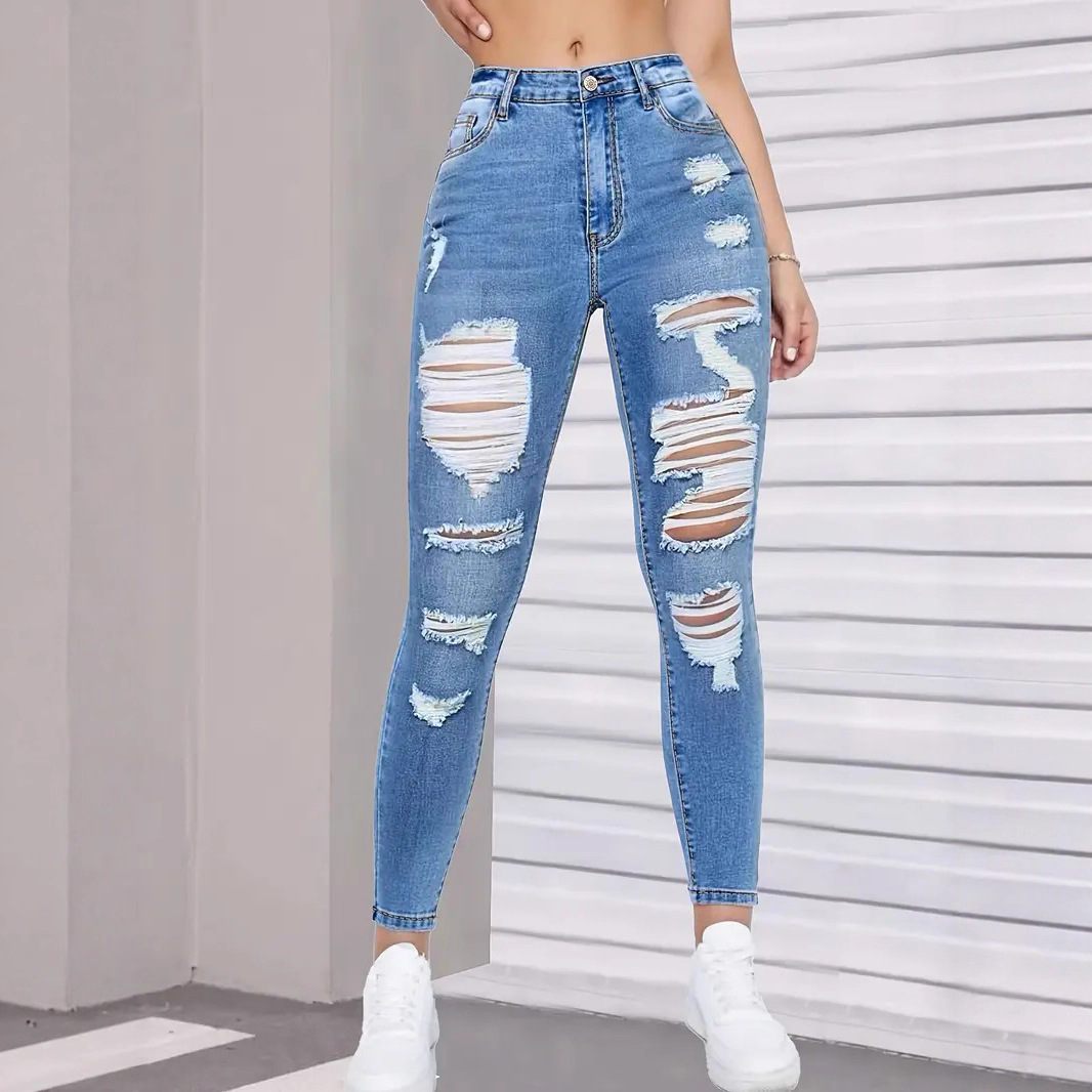 Pantalon en jean moulant et polyvalent à taille haute, élastique et ajouré, tendance 2025, pour femmes, collection européenne et américaine._voghion.com
