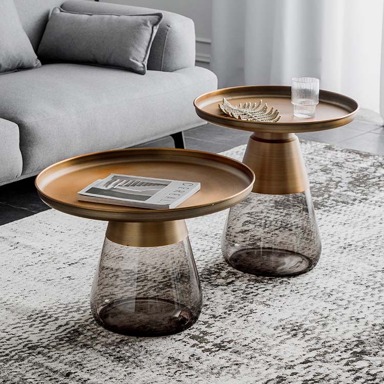 Light Luxury Bell-Shaped Glass Coffee Table, Simple and Modern Living Room Storage Side Table, Small Apartment Round Metal Designer Corner Table