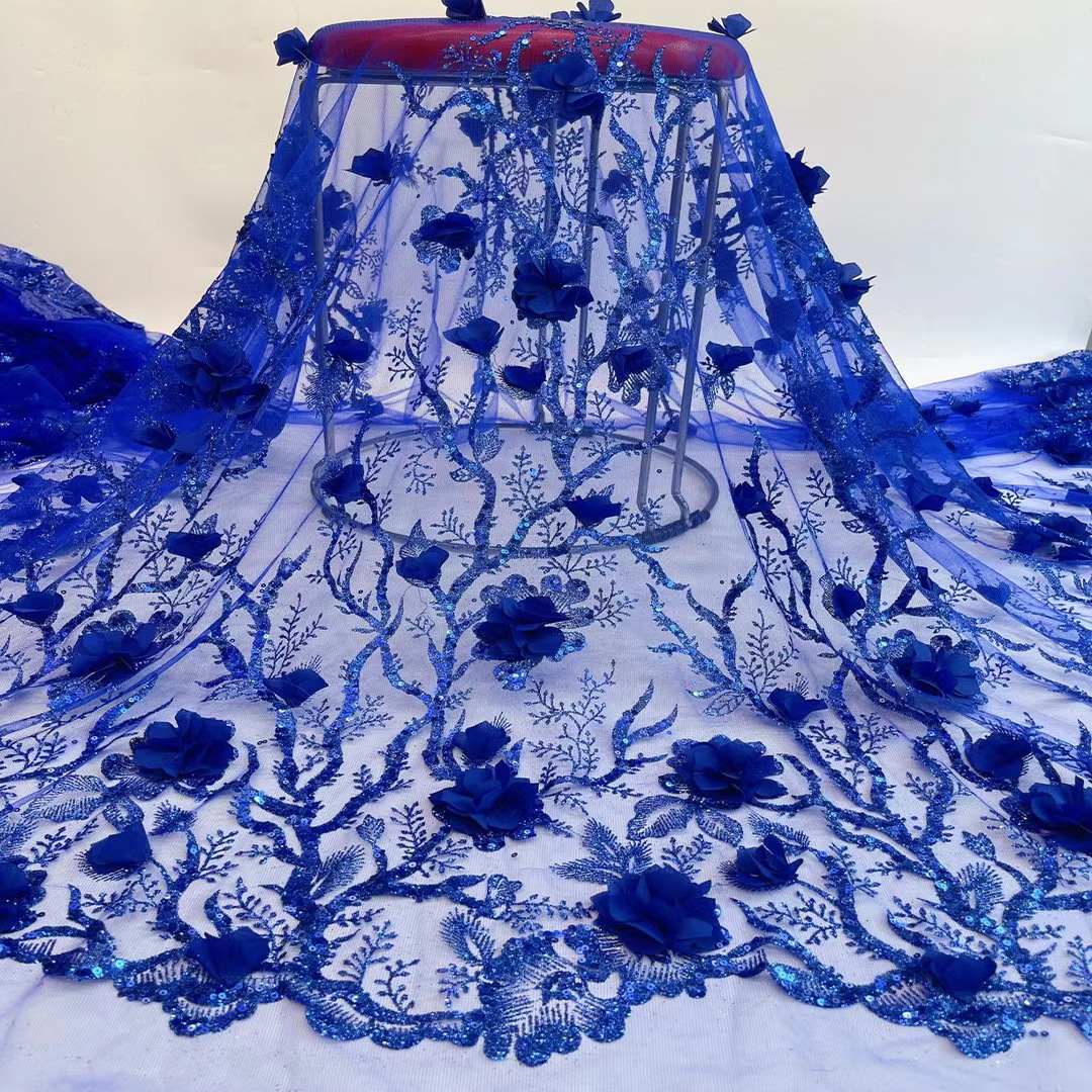 Vestido de novia de tela tridimensional flor lentejuelas posicionamiento bordado encaje europeo y americano malla bordado vestido de tela JX1914