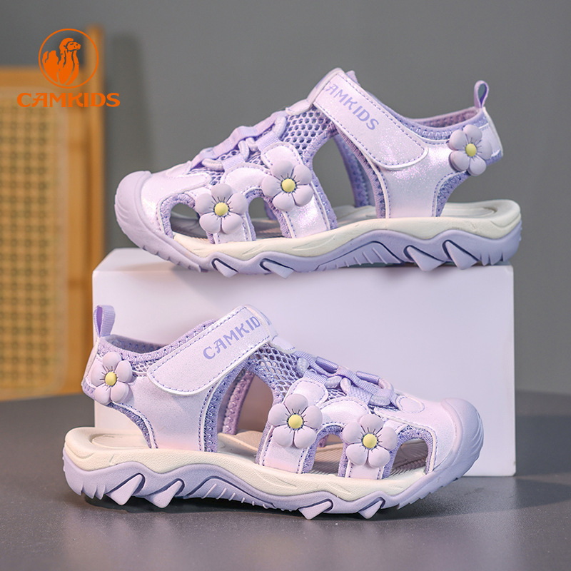 PLUS小骆驼CAMKIDS女童包头凉鞋夏季儿童花朵洋气公主鞋沙滩鞋