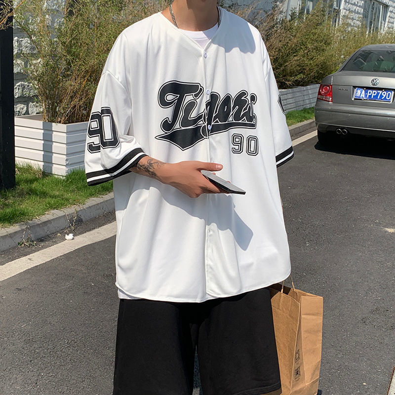 2023 Summer thin fashion brand short-sleeved shirt men's fashion handsome Hong Kong style Japanese style all-match trendy hip hop cardigan baseball uniform