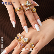 谜丽欧美时尚不锈钢饰品铸造不规则锆石戒指女螺纹不掉色戒指