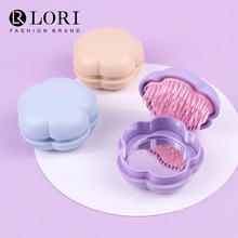 花朵形状美发梳女生化妆圆镜梳小巧便携旅行按摩梳花瓣翻盖折叠梳