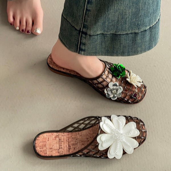 Cross-Border Baotou Half-Slippers, Korean Style Niche Design Crystal Shoes for Women, Summer Hollow Sequin Crystal Slippers, Breathable