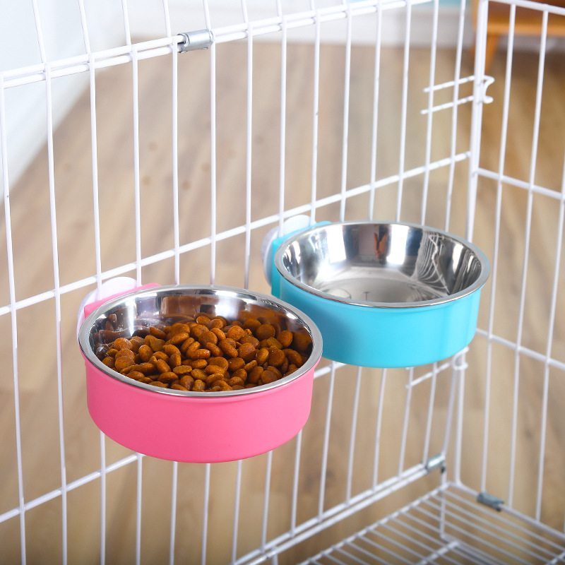 Suministro directo transfronterizo para mascotas de color caramelo de acero inoxidable cuenco para perros jaula colgante para mascotas tazón de comida para gatos colgante de acero inoxidable cuenco colgante