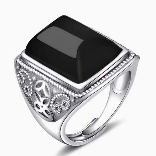 Thai silver-plated green jade and black agate ring Open retro palace style gold coin pattern chrysoprase ring ring