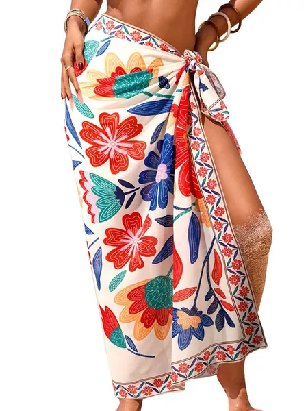 2026 New Women's Swimsuit Transparent Sarong High-Slit One-Size-Fits-All Swimsuit Cover-Up Summer Floral Print Chiffon