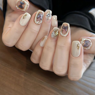 Fake nail patch finished Baroque butterfly wear nail piece pearl diamond nail nail piece short round a