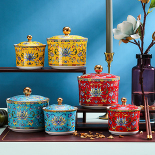 Gold Enamel Ceramic Stew Cup Buddha Jumping Wall Water Stew Cup Household Stew Cup Bird's Nest Dessert Cup Shark's Fin Soup Cup