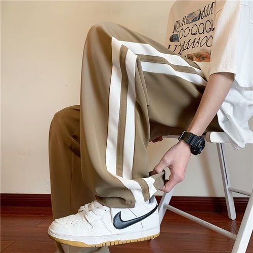 Striped Ice Silk Men's Summer Thin Hong Kong Style Straight Leg Casual Pants Oversize Loose Fit Wide Leg Long Pants