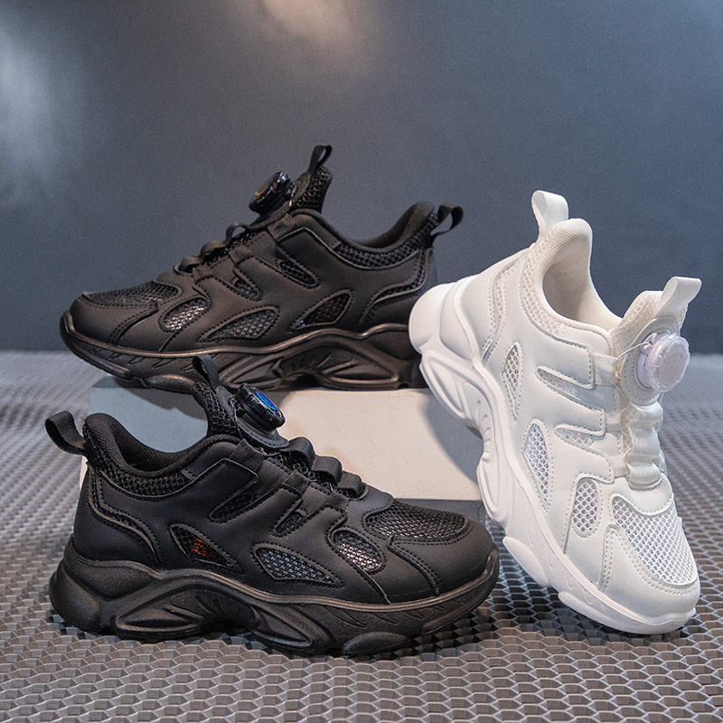 Children's shoes new all-season soft bottom rotation buckle white shoes for boys and girls, white father shoes for students