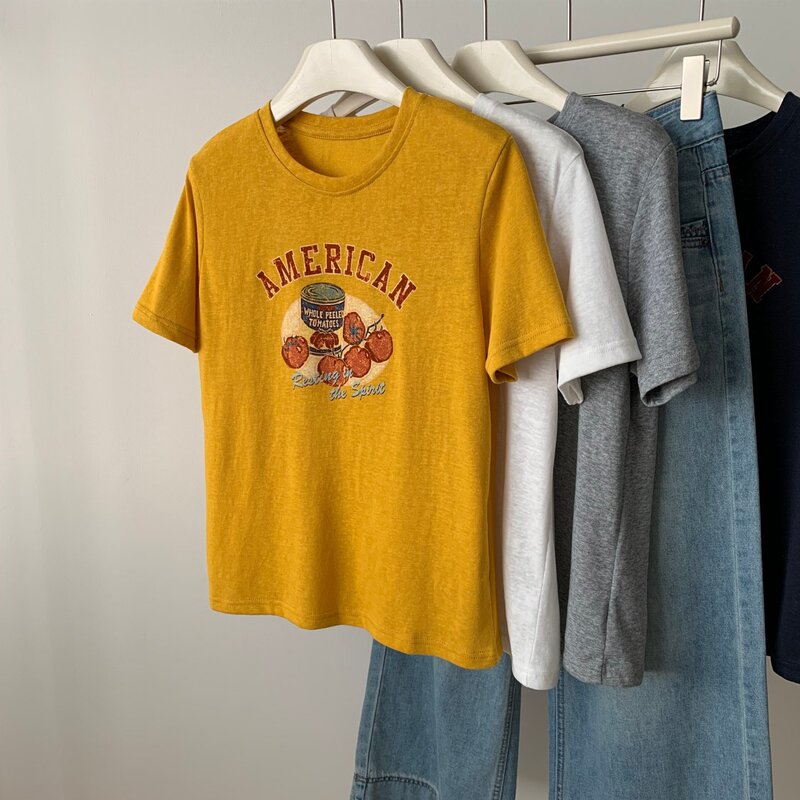 American Retro Cartoon Print Snowflake Cotton Short-Sleeve T-Shirt for Women, Lightweight and Breathable, Spring/Summer Korean Style Regular Shoulder Base Shirt Trendy American Retro Cartoon Print Snowflake Cotton Short-Sleeve T-Shirt for Women, Lightweight and Breathable, Spring/Summer Korean Style Regular Shoulder Base Shirt Trendy