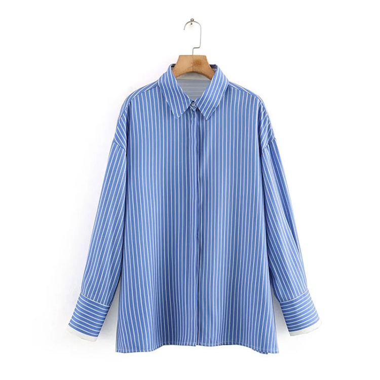 ZADATA women's clothing European and American style commuter retro lapel loose top long sleeve striped oxford shirt 2298051
