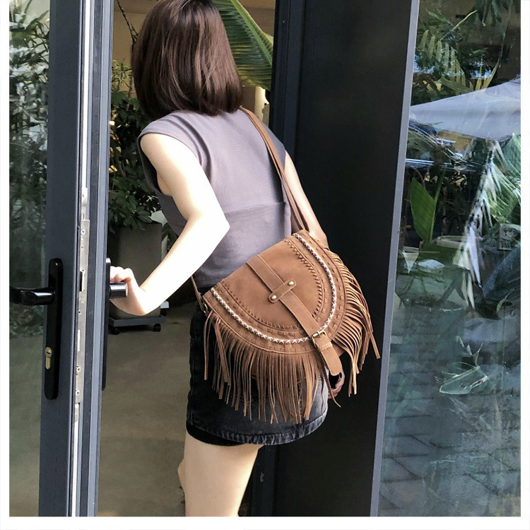 UR Tassel Bag Brown Retro Western Denim Bag Niche Ethnic Bohemian Crossbody Bag Women's Trendy Travel