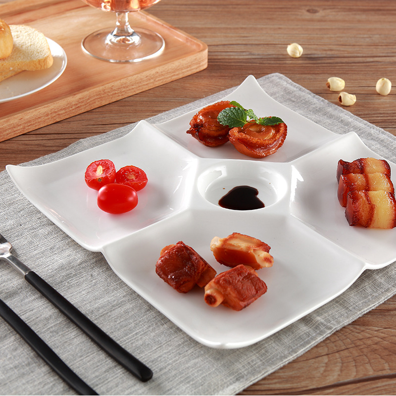 厂家批发创意四格餐盘酒席点心小吃陶瓷分隔盘商用后厨餐具供应