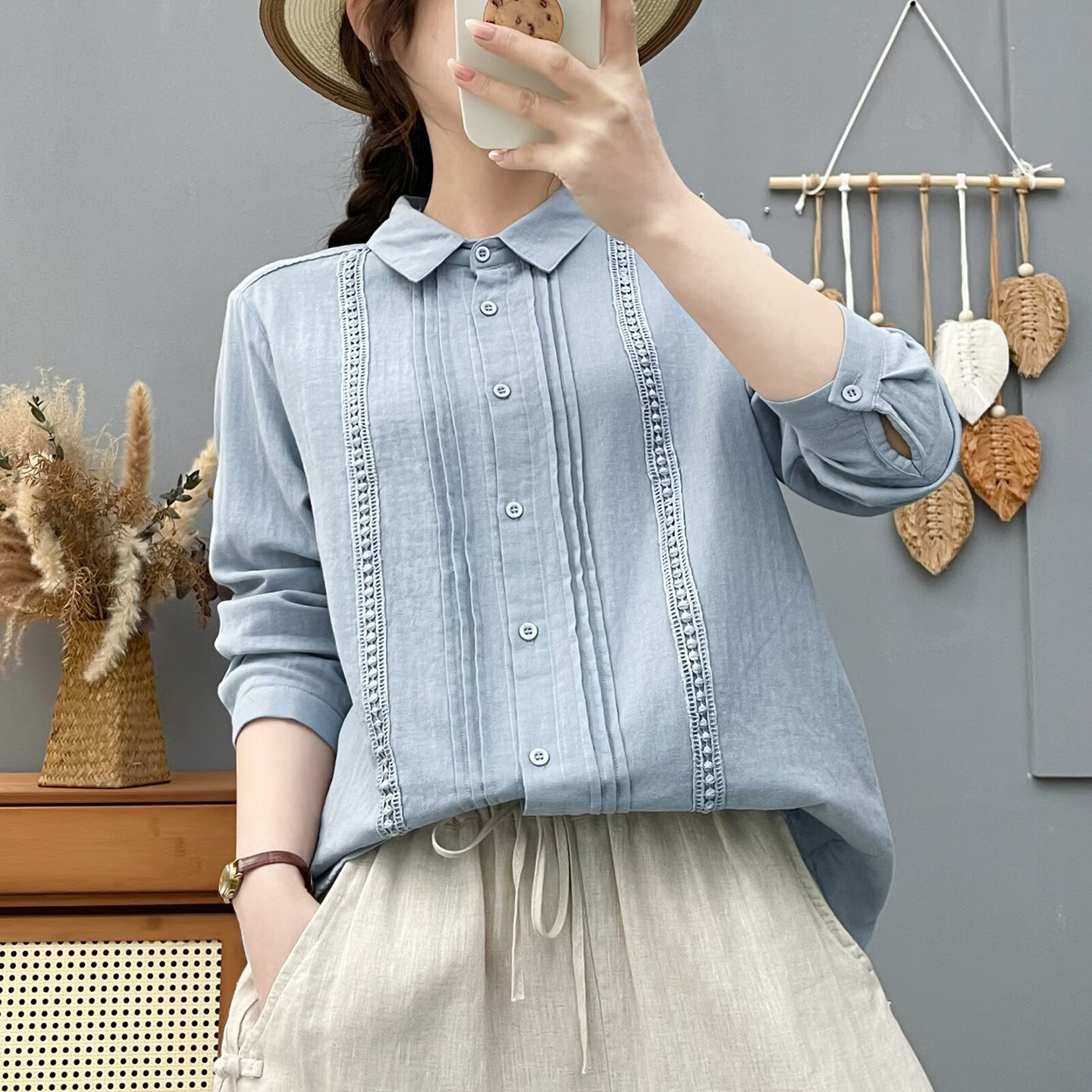 French-Style Artistic Lace Pleated Chiffon Shirt for Women, Long-Sleeved, Soft, Skin-Friendly, Breathable, Loose-Fitting, Slimming Full-Length Shirt French-Style Artistic Lace Pleated Chiffon Shirt for Women, Long-Sleeved, Soft, Skin-Friendly, Breathable, Loose-Fitting, Slimming Full-Length Shirt
