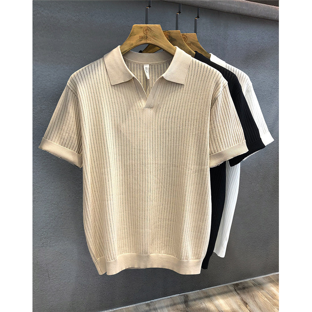 Camisas de polo de manga corta de estilo antiguo, camisetas de punto de cuello en V de hombre, camisetas de textura hueca de gaviota, fábrica de verano al por mayor. image 4