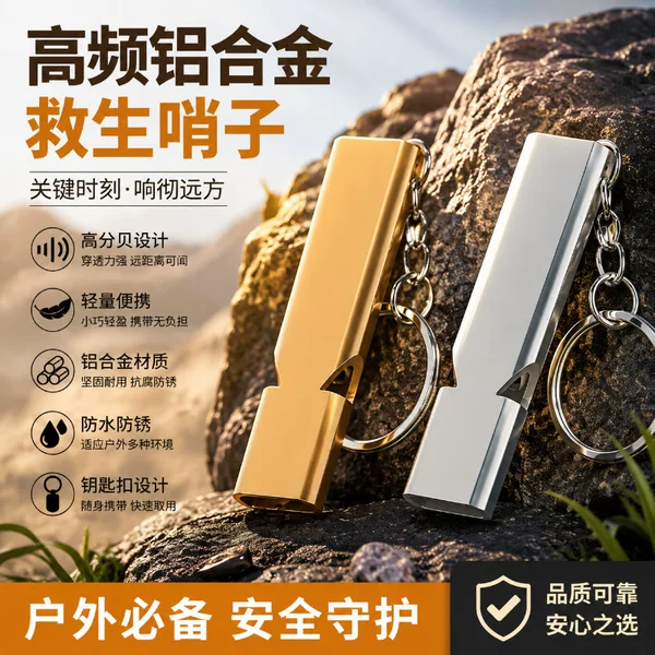 Portable metal high-frequency rescue whistle, loud and explosive sound, for outdoor distress calls, used by sports teachers for teaching and bird training