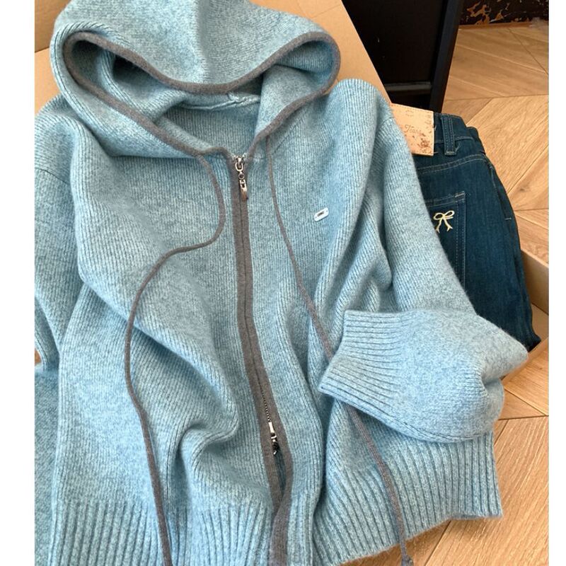 Korean Style Double Zipper Hooded Knitted Cardigan Women's New Autum Sweater Jacket Thick Loose Slimming Look Long-Sleeved Top