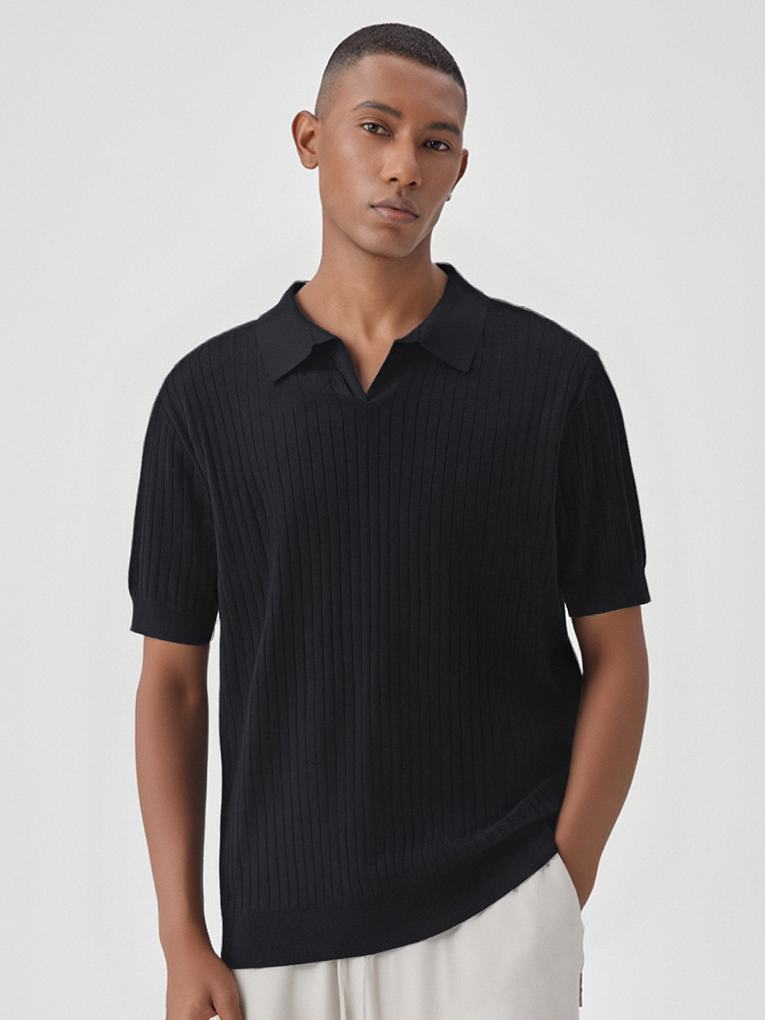 Camiseta Polo de Punto Jacquard con Cuello en V Estilo Americano para Hombre, Cuello Retro de Gaviota, Manga Corta, Modelo E75010