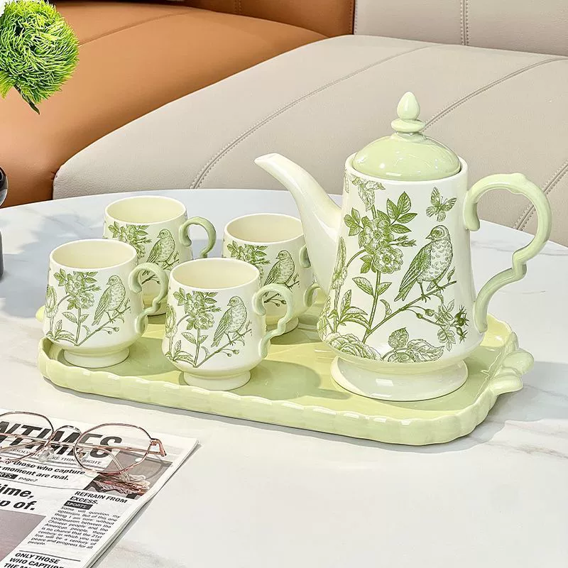 Керамический набор чашек для воды для дома, гостиной, гостеприимства, ретро-дворцовый стиль, чайник с цветами и птицами, чайная чашка, подарок на новоселье, свадьбу