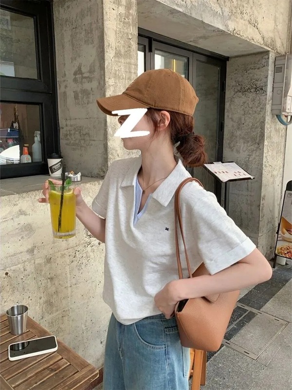 实价【原版格子】【220g纯棉】polo领撞色拼接格子短袖T恤女|undefined