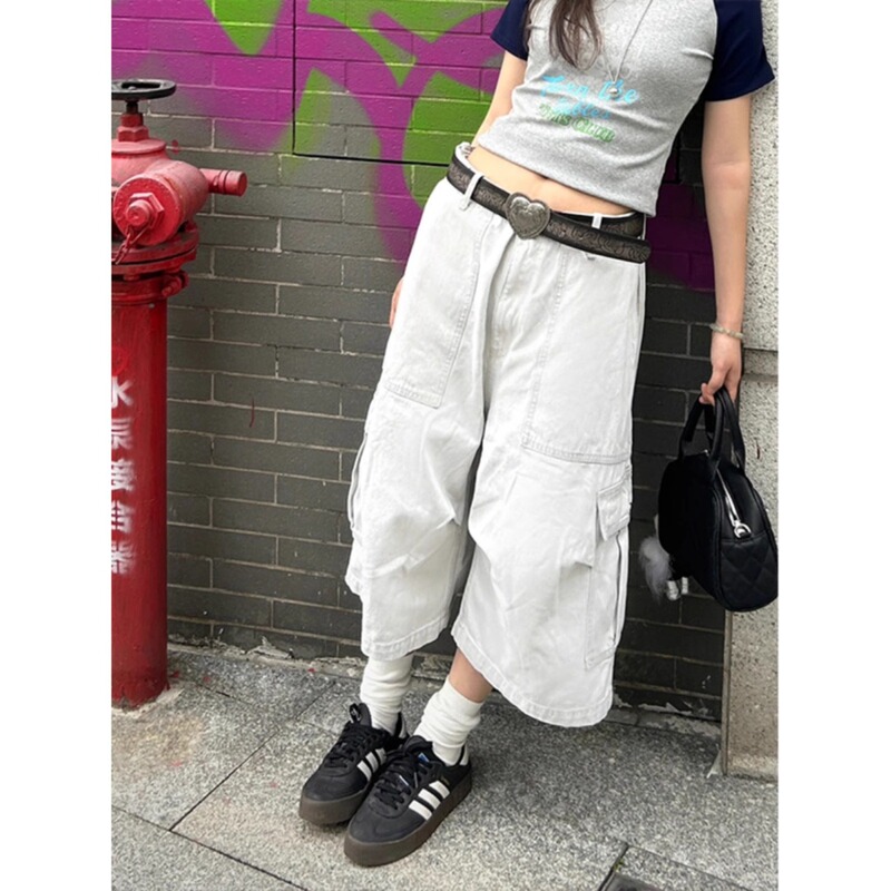 White Hot Girl Workwear Cropped Pants for Women Summer New High Street Multi-Pocket Design Loose Wide-Leg Jeans Trendy