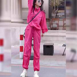 玫粉色休闲运动一整套穿搭春季洋气减龄宽松立领卫衣两件套女装