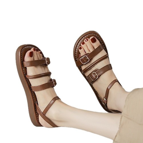 Roman flat buckle fashionable one-piece sandals for women, summer soft sole fine strap beach sandals