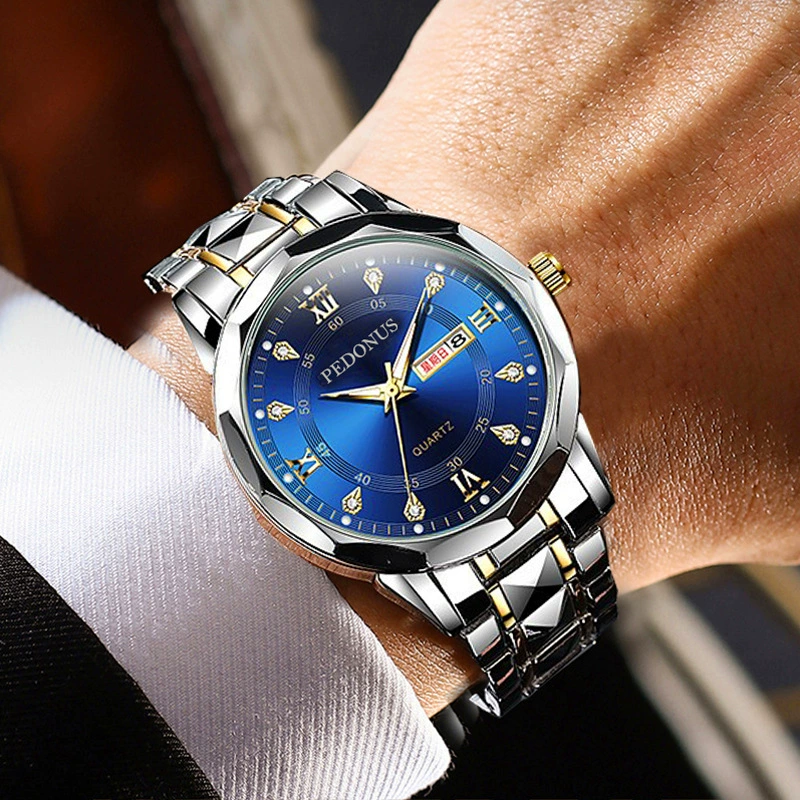 Трансграничные взрывные часы Мужские часы светящийся водонепроницаемый бизнес повседневный кварц заклепка стальной ремень Мужские часы оптом