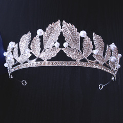 新款大小葉子造型珍珠皇冠 新娘髮飾水晶皇冠頭飾品工廠直銷批發